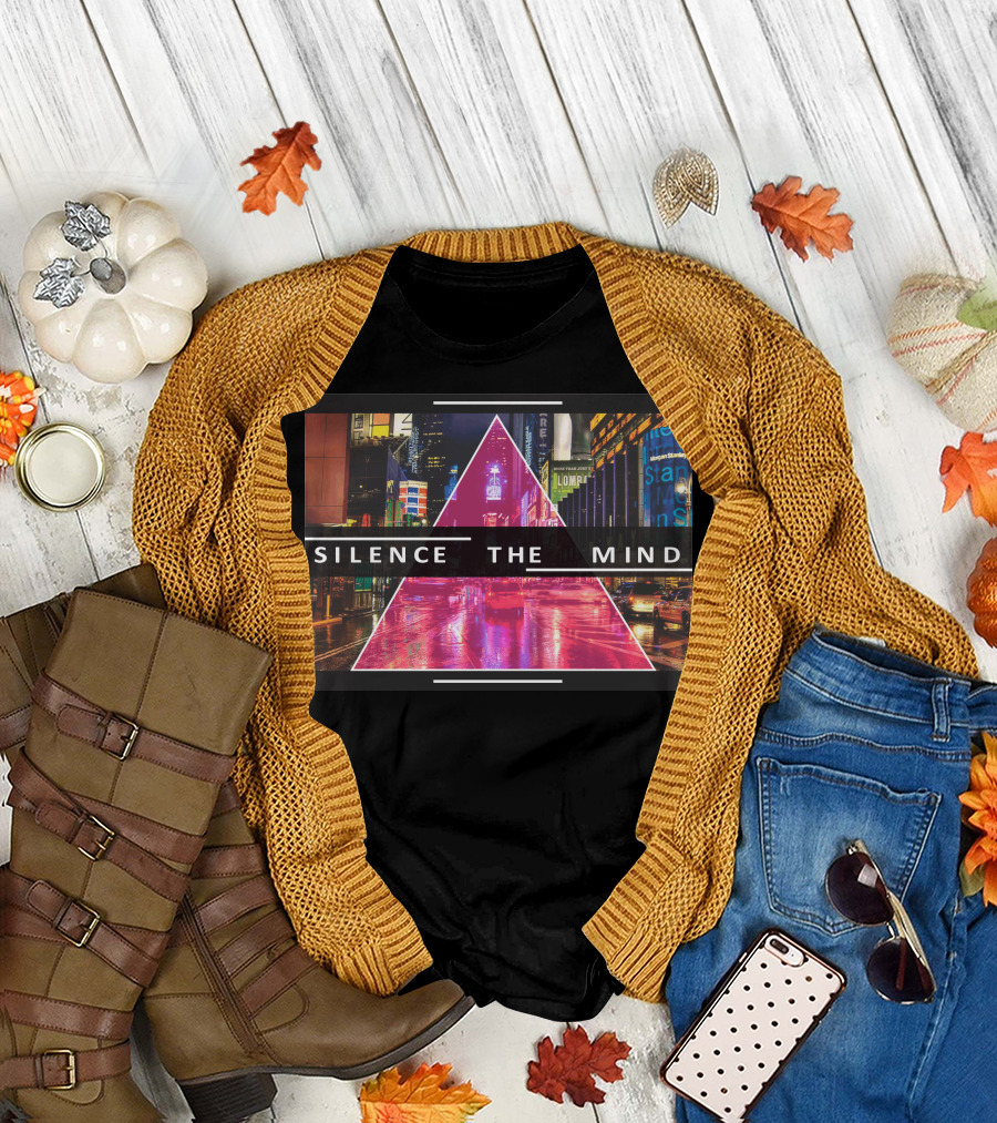 Silence The Mind Neon Cityscape Triangle Reflections T-Shirt