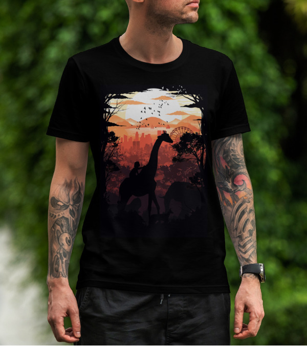 From Jungle To City Silhouette With Giraffe And Skyline T-Shirt