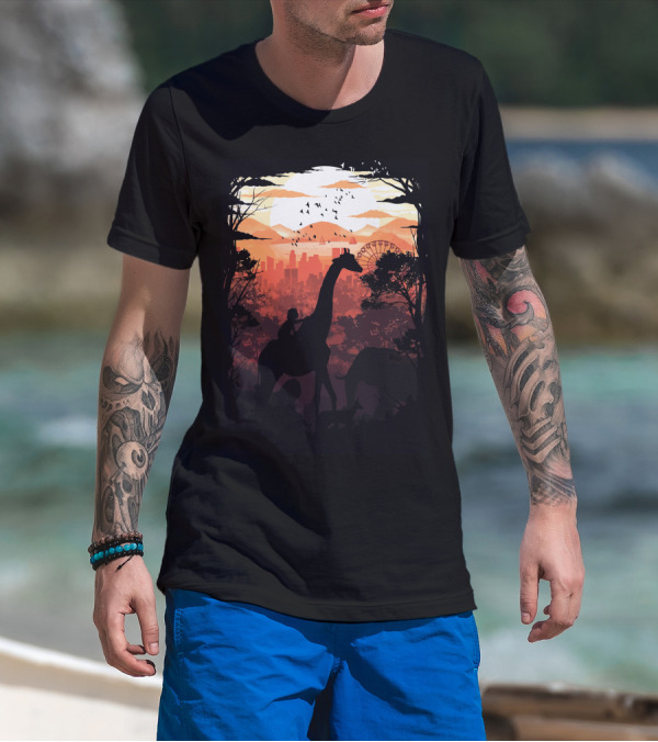From Jungle To City Silhouette With Giraffe And Skyline T-Shirt
