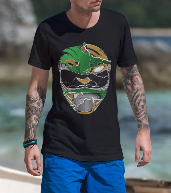 Power Rangers Green Ranger Torn Helmet Good And Evil Power T-Shirt