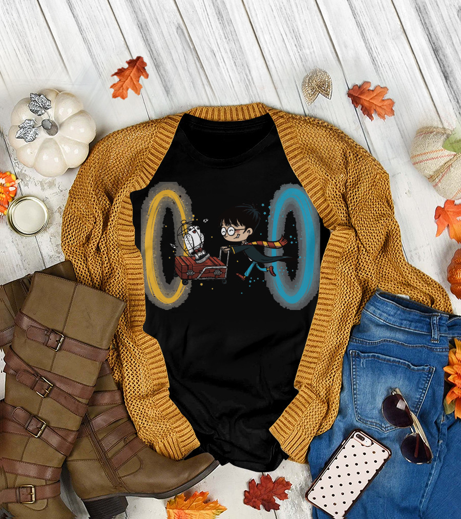 Harry Portal Magic Adventure with Luggage and Owl Through Portals T-Shirt