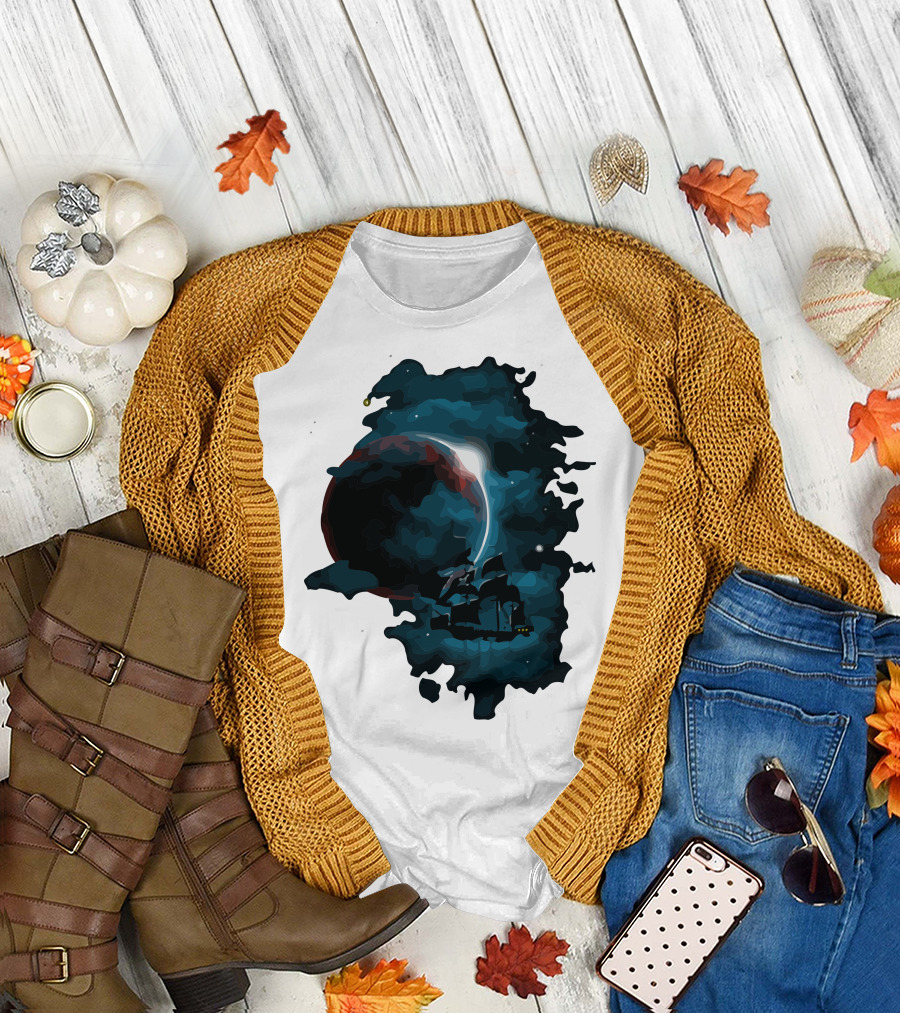 Pirate Spaceship Sailing Through Cosmic Nebula in Space Adventure T-Shirt