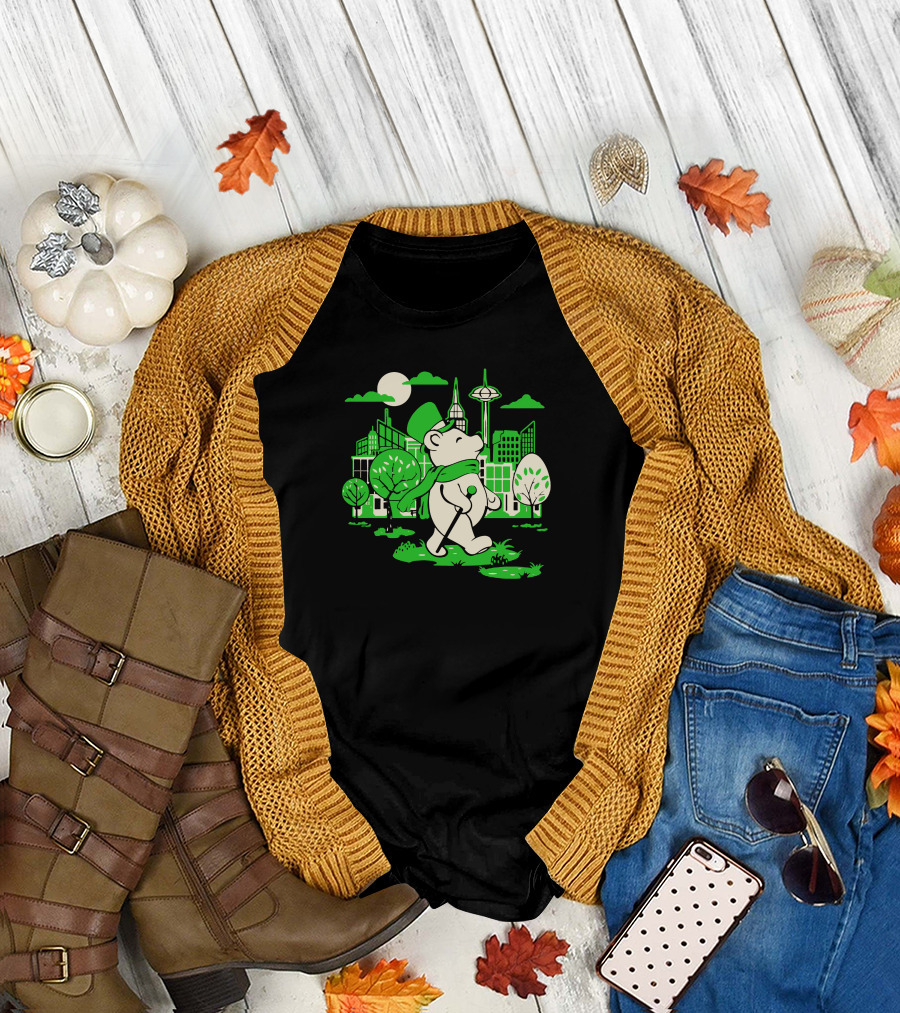 Bear About City Stroll With Green Scarf and Hat T-Shirt