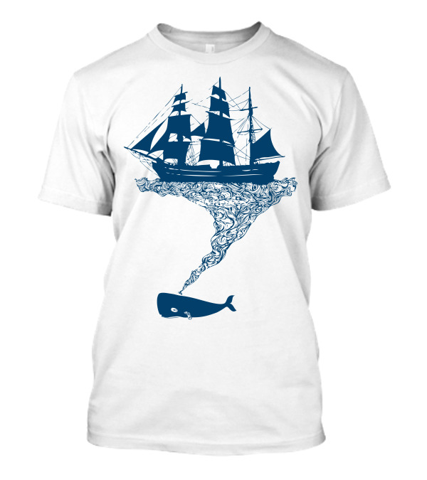 Exhaling Flotsam Blue Whale Sailing Ship Fusion T-Shirt