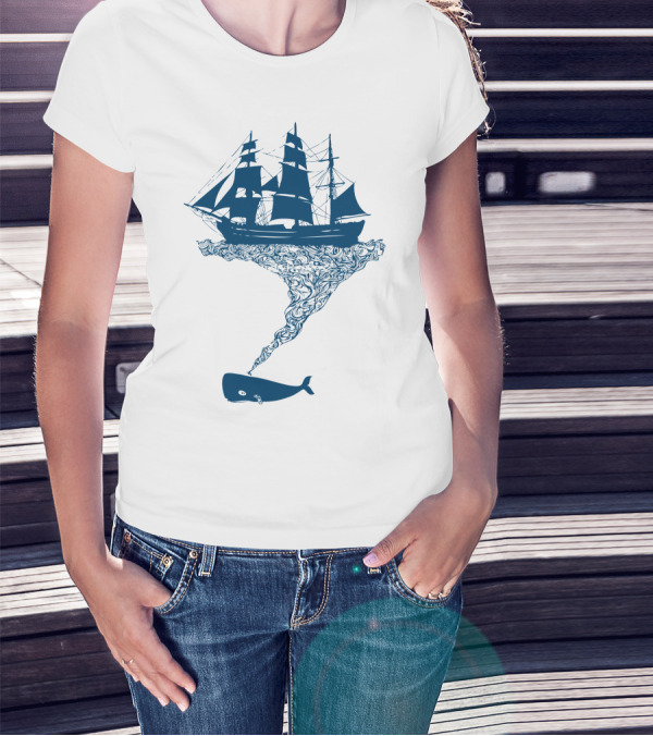 Exhaling Flotsam Blue Whale Sailing Ship Fusion T-Shirt