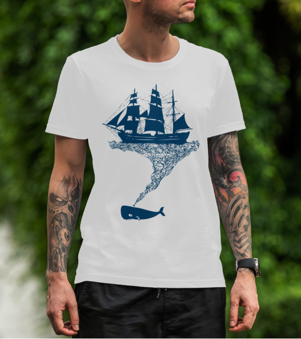 Exhaling Flotsam Blue Whale Sailing Ship Fusion T-Shirt