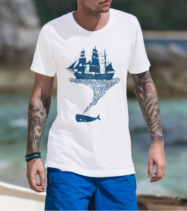 Exhaling Flotsam Blue Whale Sailing Ship Fusion T-Shirt