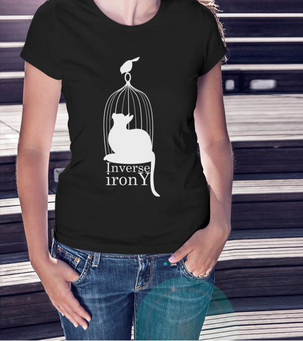 Inverse Irony Cat Inside Birdcage With Bird On Top T-Shirt