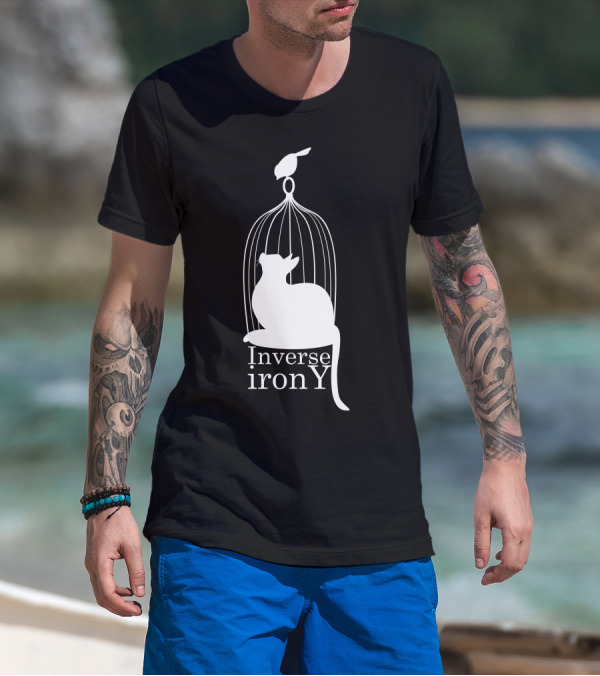 Inverse Irony Cat Inside Birdcage With Bird On Top T-Shirt