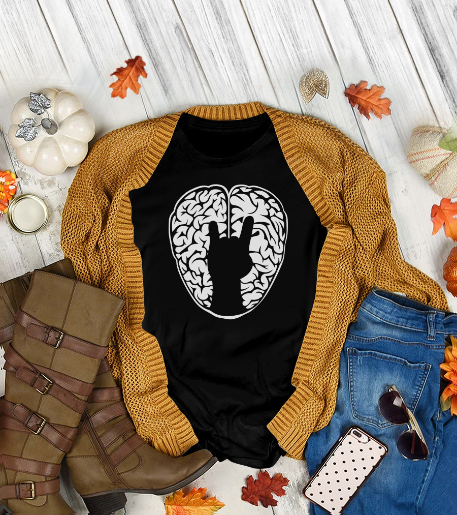 Nerd N Proud Brain Rock Hand Gesture T-Shirt