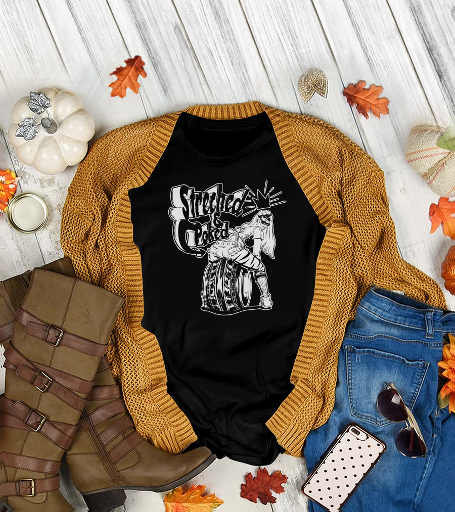 Streched And Poked Girl Posing on Stacked Tires with Crown and Shades T-Shirt