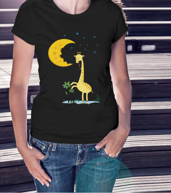 Giraffe Biting A Delicious Moon Cake Under Starry Night T-Shirt