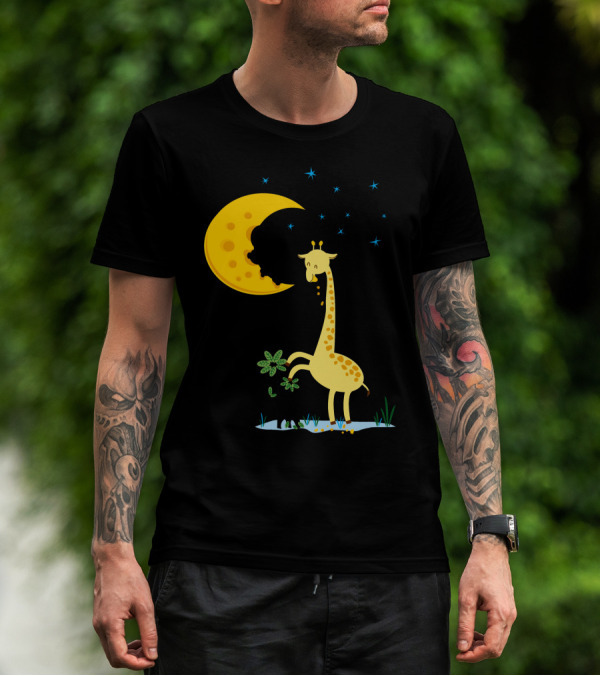Giraffe Biting A Delicious Moon Cake Under Starry Night T-Shirt