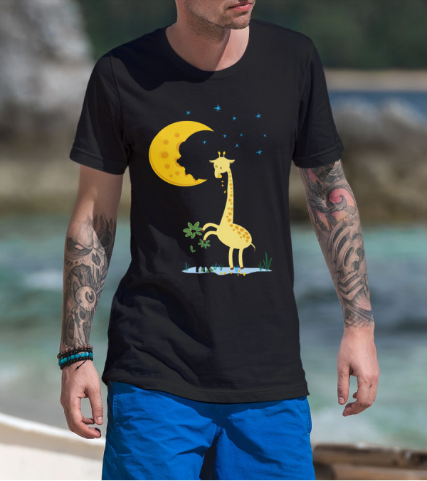 Giraffe Biting A Delicious Moon Cake Under Starry Night T-Shirt