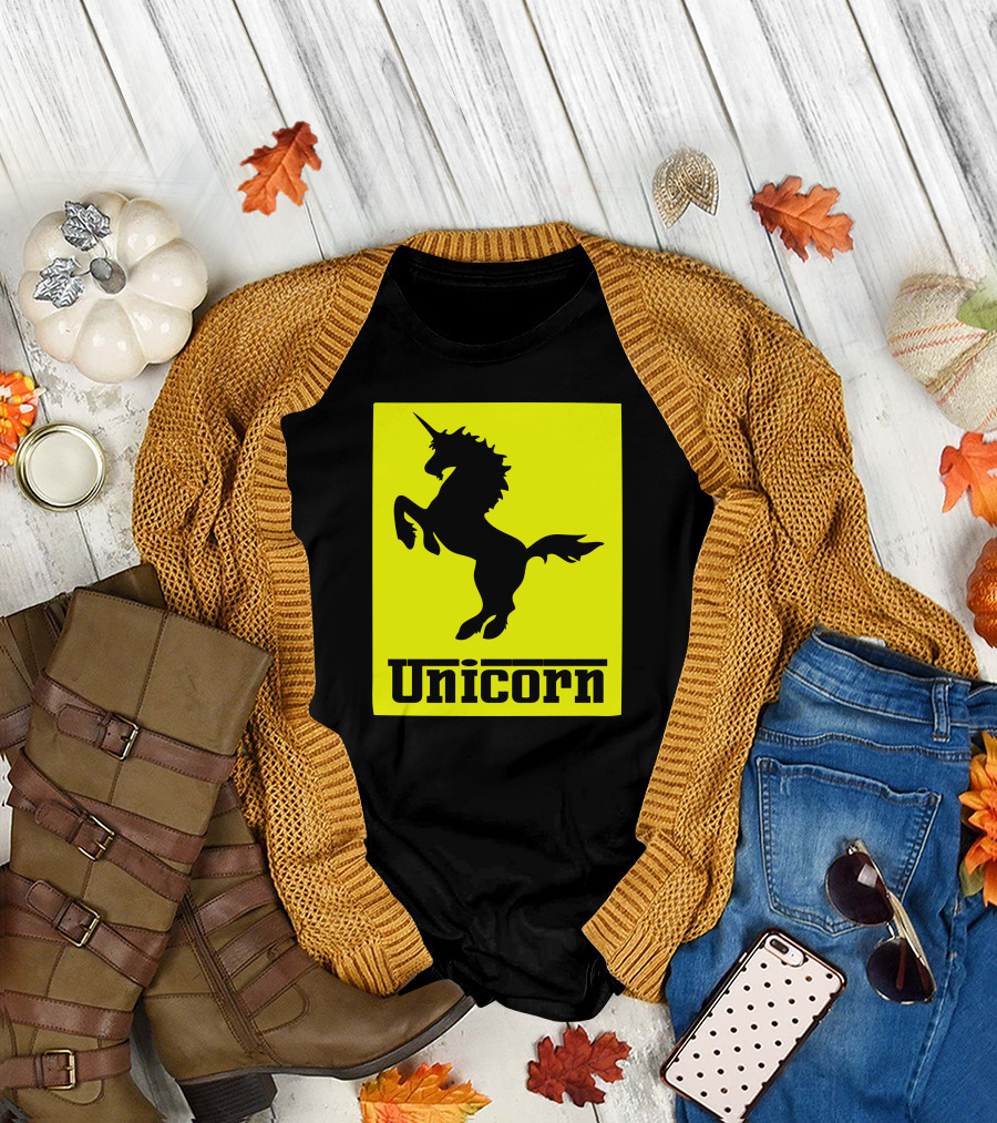 Unicorn Ferrari Car Logo Parody Black Yellow T-Shirt