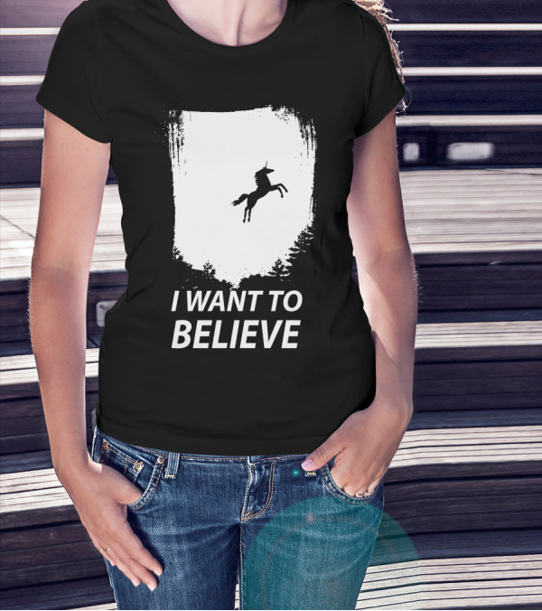 I Want To Believe Unicorn Silhouette Forest Scene T-Shirt