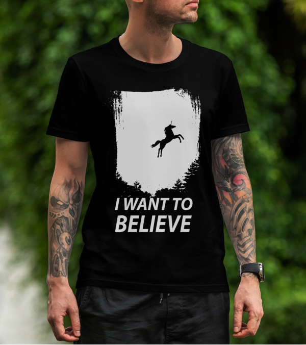 I Want To Believe Unicorn Silhouette Forest Scene T-Shirt