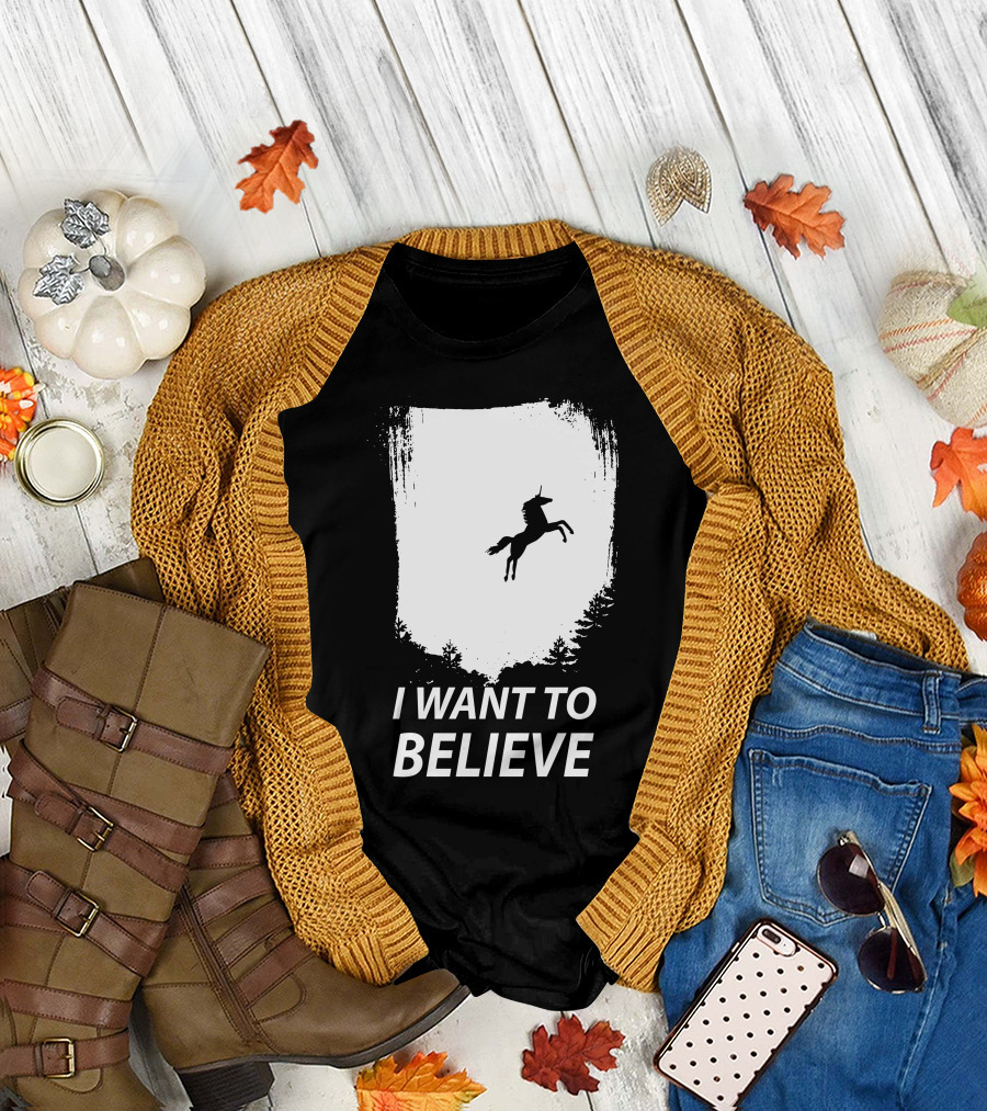 I Want To Believe Unicorn Silhouette Forest Scene T-Shirt