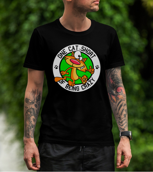 One Cat Short Of Being Crazy Cartoon Cat Thumbs Up Paw Prints T-Shirt