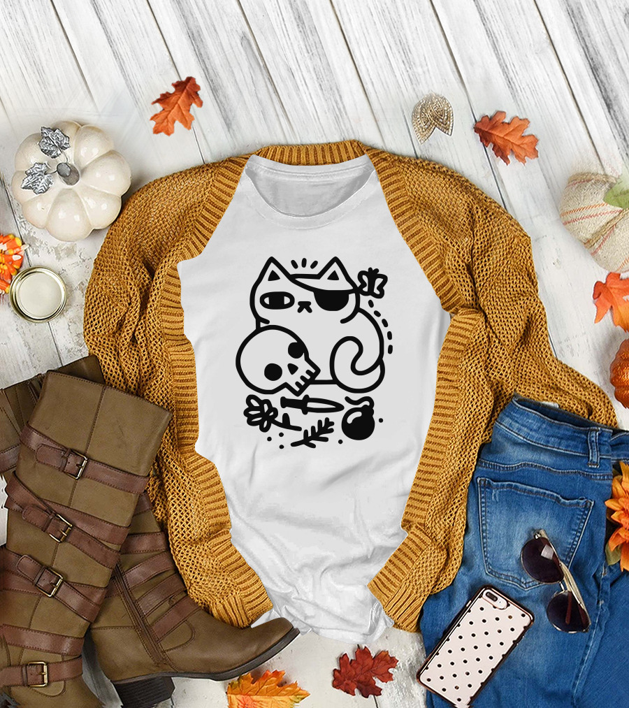 Badass Cat with Skull and Dagger T-Shirt