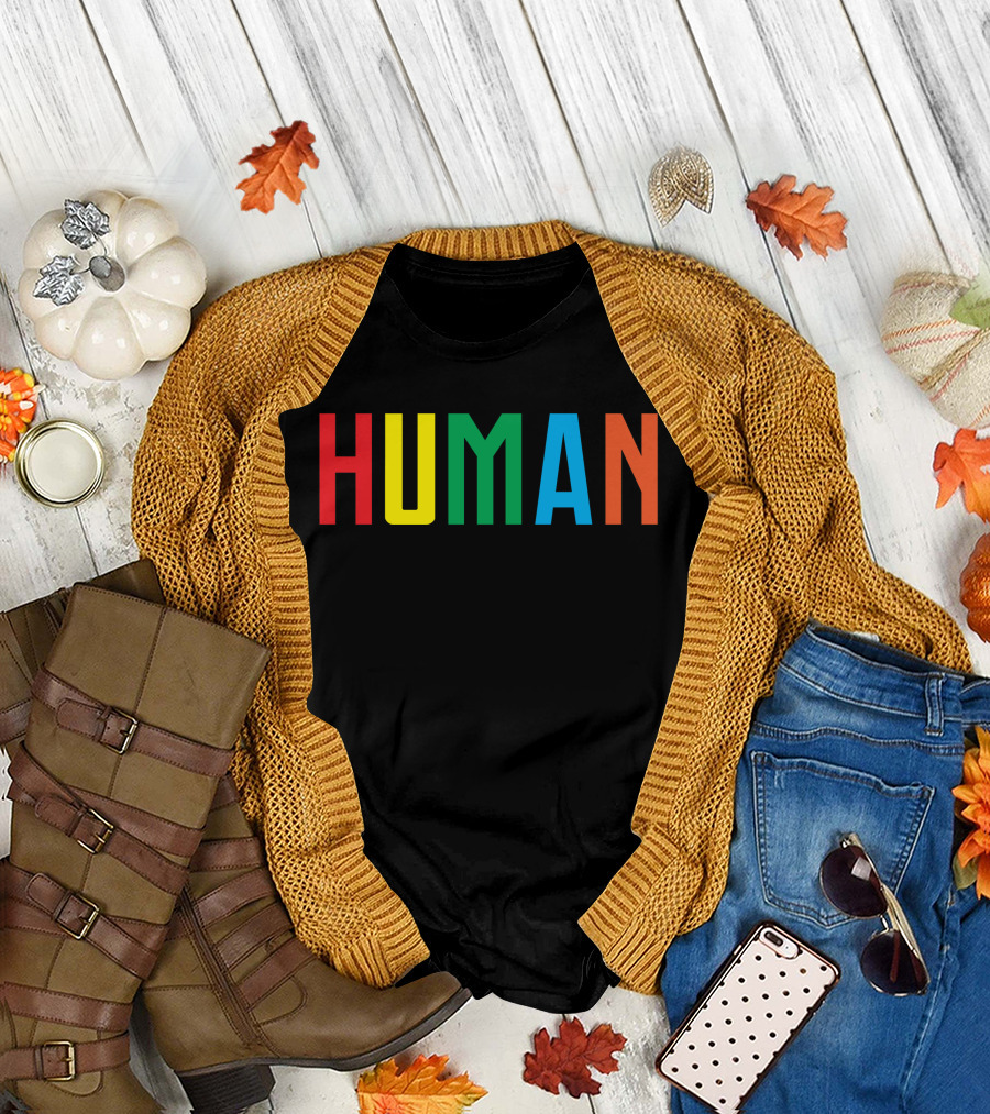 HUMAN Red Yellow Green Blue Orange Letters T-Shirt