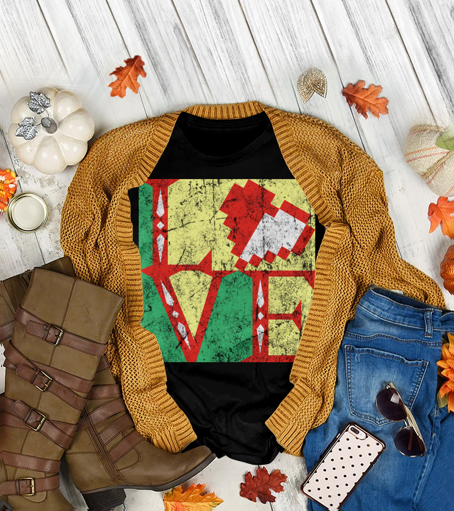 LOVE Pixelated Sword and Shield Icon T-Shirt