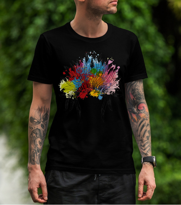 Native American Feather Headdress Colorful Splatter T-Shirt