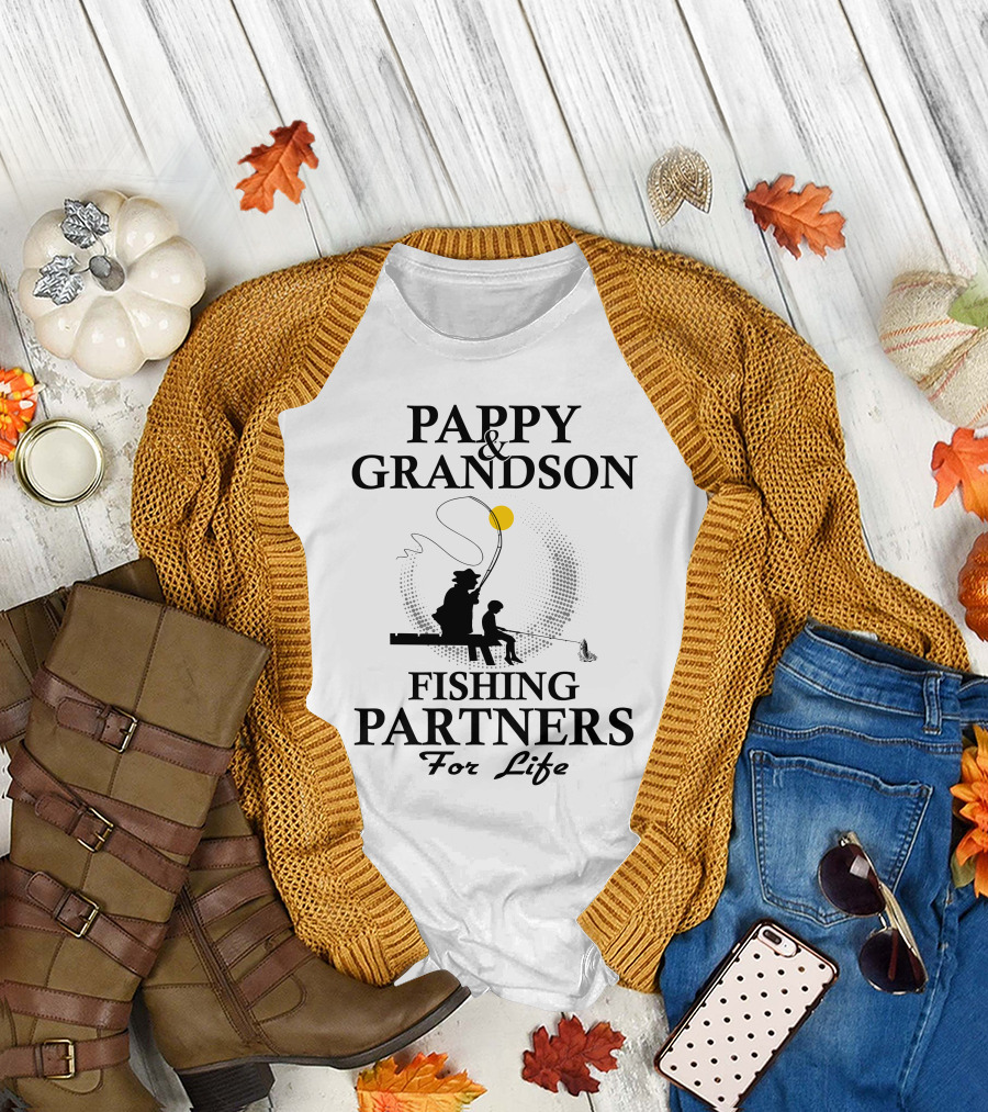 Pappy And Grandson Fishing Partners For Life Silhouette with Moon and Fishing Rod T-Shirt