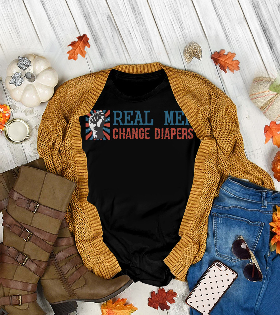 REAL MEN CHANGE DIAPERS Fist Symbol Red Blue Stripes T-Shirt