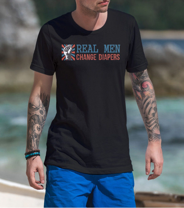 REAL MEN CHANGE DIAPERS Fist Symbol Red Blue Stripes T-Shirt