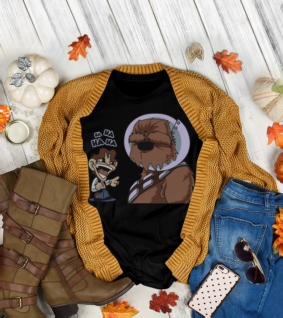 Chewie Wearing Cone of Shame While Being Laughed At with Ha Ha Ha T-Shirt