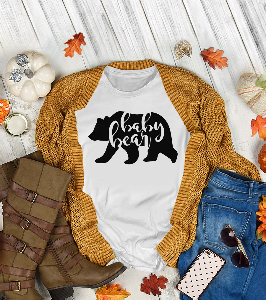 Baby Bear Walking Silhouette Black T-Shirt