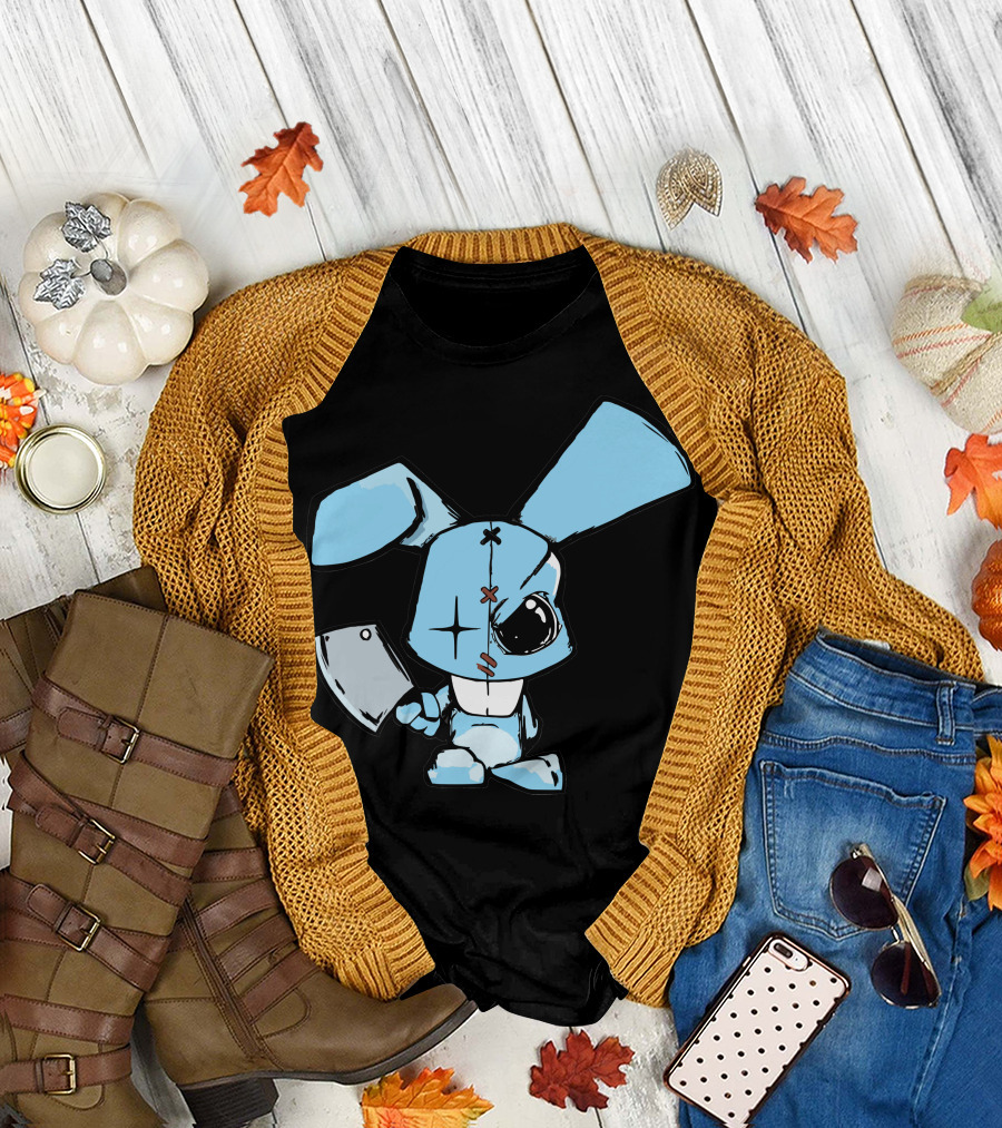 Evil Rabbit Creepy Blue Bunny with Cleaver and Stitches T-Shirt