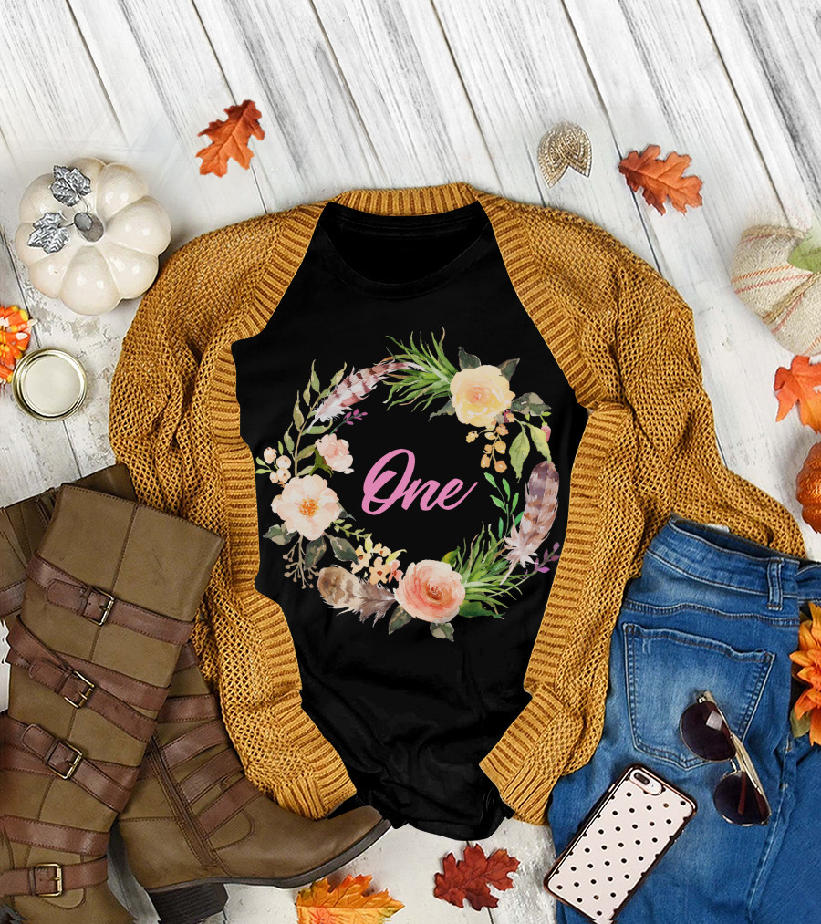 One Floral Feather Wreath Girls 1st Birthday Onesie T-Shirt