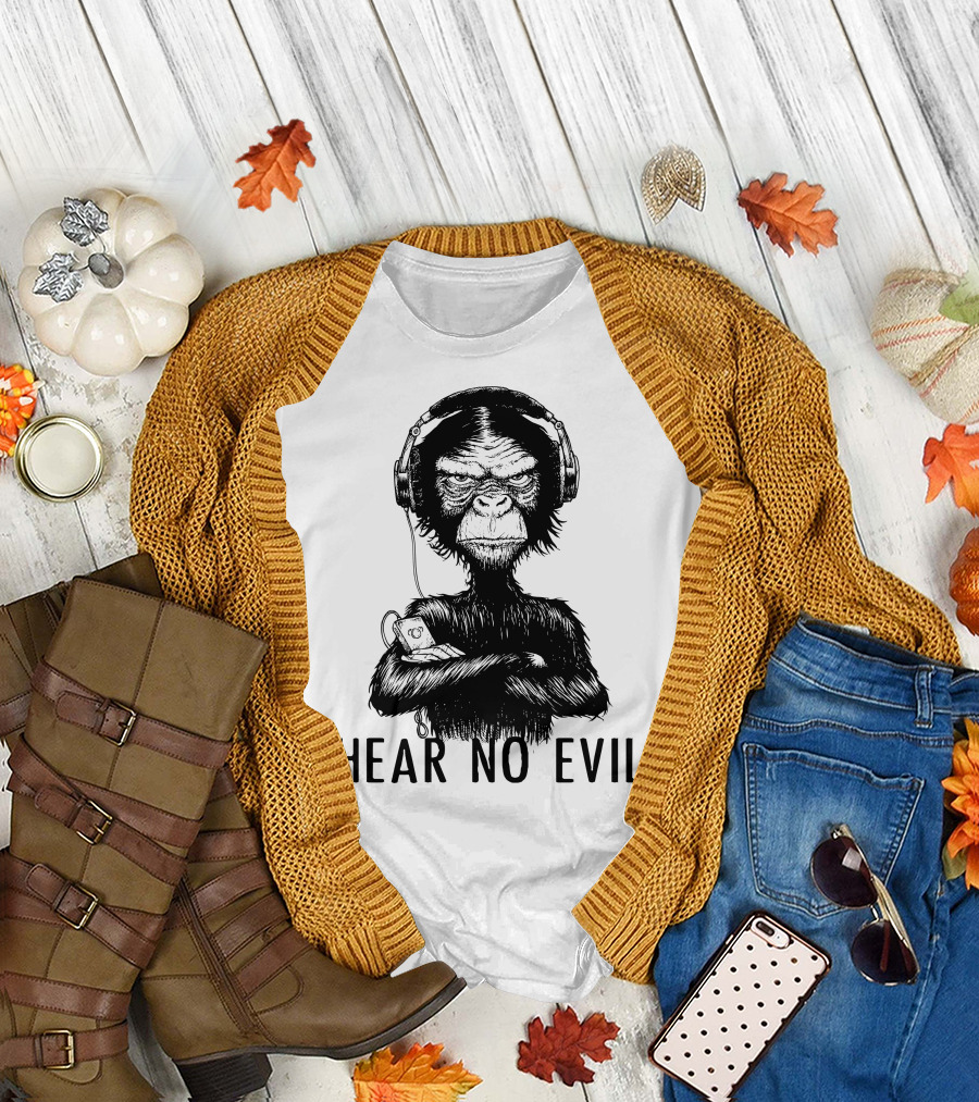 Hear No Evil Monkey Listening to Music with Headphones T-Shirt