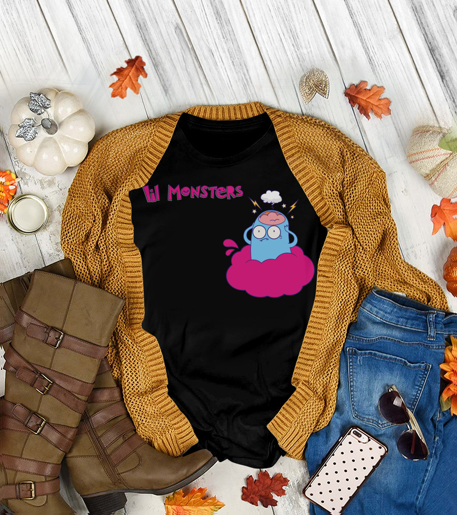 Lil Monsters Cute Blue Monster Cartoon with Cloud and Lightning T-Shirt