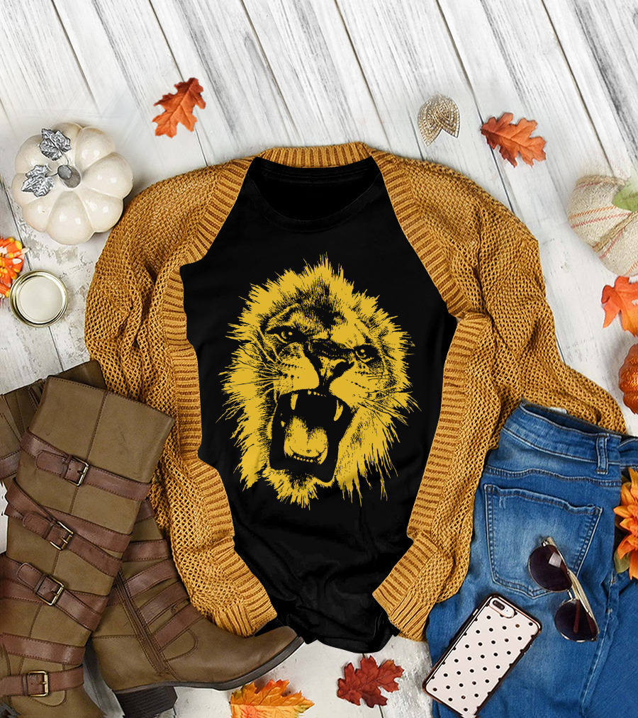 Lion Yellow Roaring Fierce Majestic Face T-Shirt