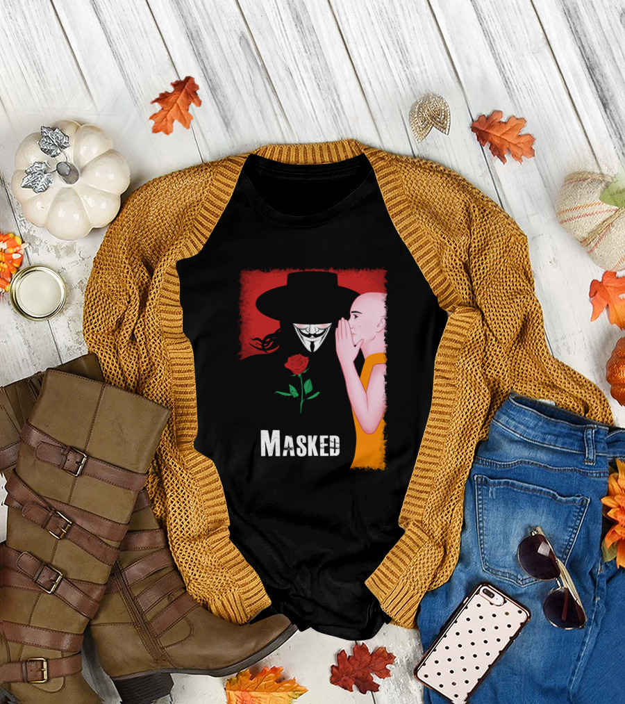Masked Guy Fawkes and Young Monk with Red Rose T-Shirt