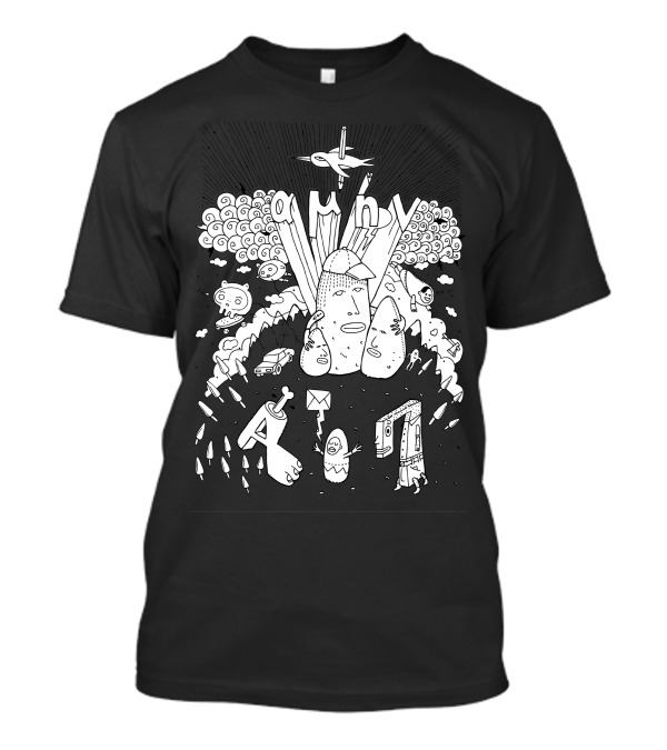 Amhn Doodie Surreal Landscape With Playful Faces And Airplane T-Shirt