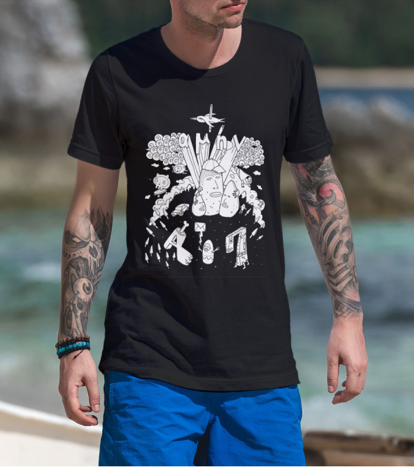 Amhn Doodie Surreal Landscape With Playful Faces And Airplane T-Shirt