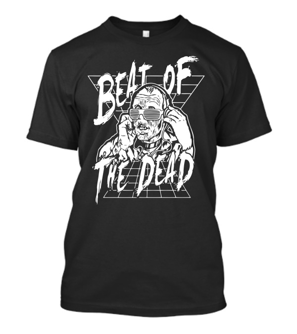 BEAT OF THE DEAD Zombie DJ With Headphones And Retro Grid Background T-Shirt
