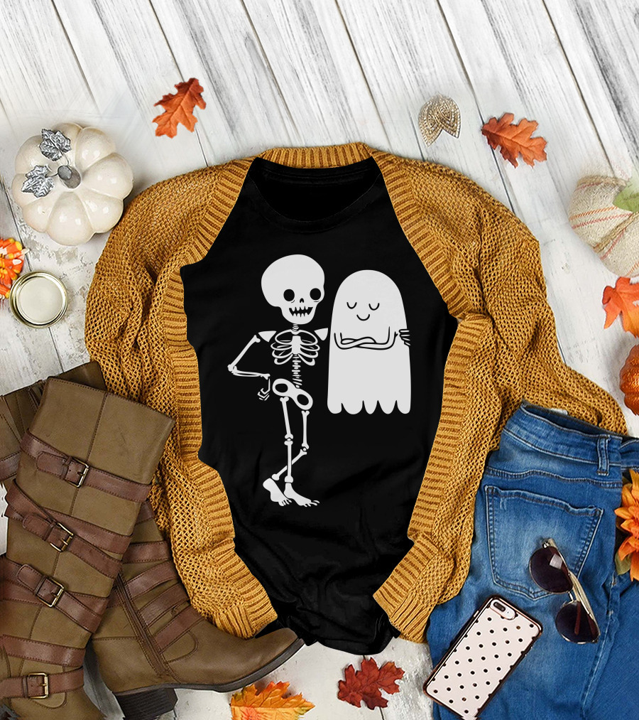 Body And Soul Skeleton and Ghost Hugging T-Shirt