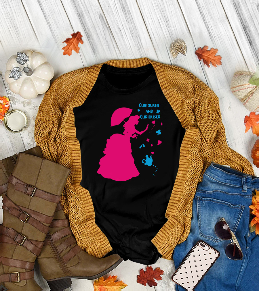Curiouser And Curiouser Alice Silhouette with Heart and Teapot Accents T-Shirt