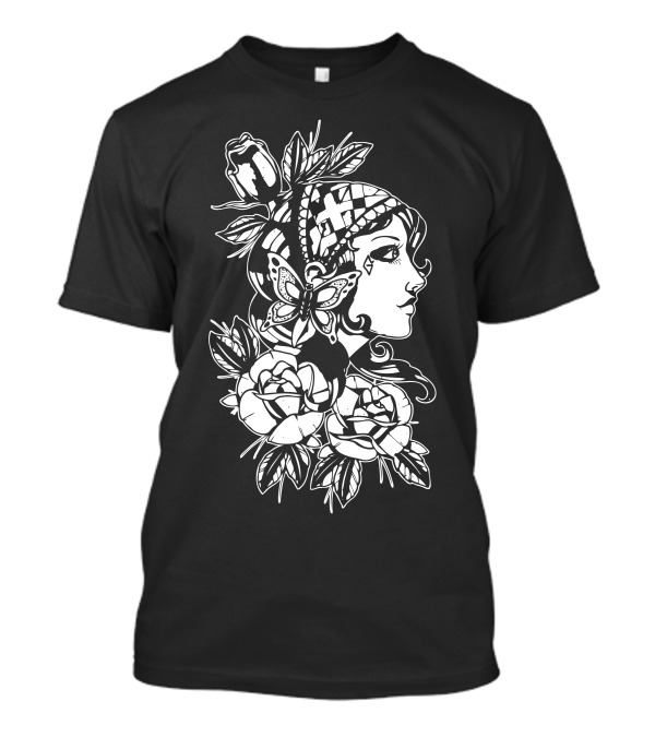 Gipsy Girl Butterfly And Floral Art Nouveau Profile T-Shirt