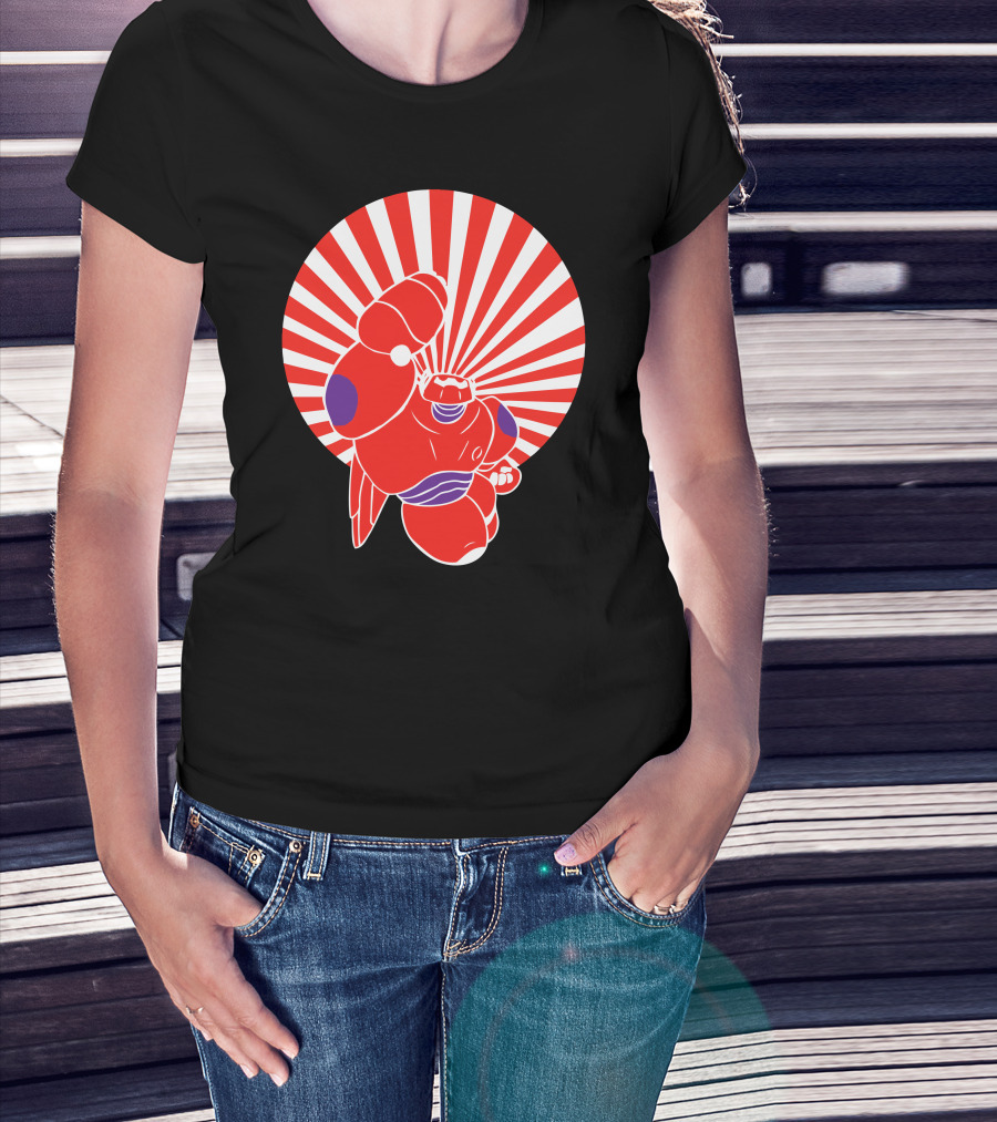 Woman with hands in pockets wearing Japan Robot Hero Rising Sun Red Robot T-Shirt.