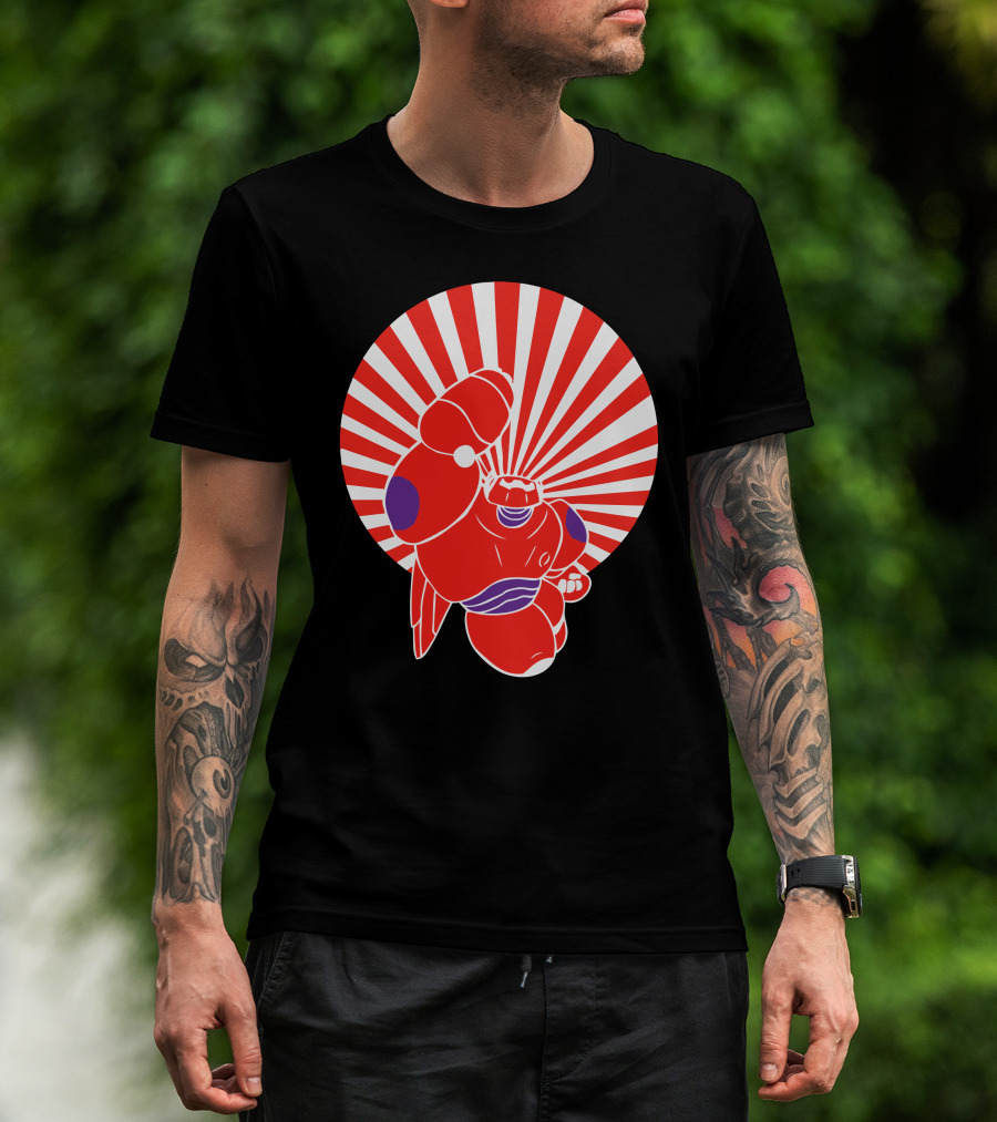 Man with tattoos models Japan Robot Hero Rising Sun Red Robot T-Shirt outdoors.