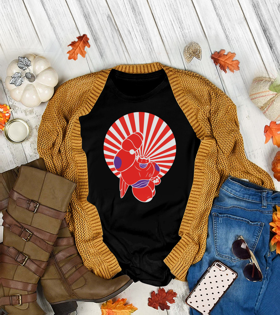 Fall flat lay featuring Japan Robot Hero Rising Sun Red Robot T-Shirt with cardigan.