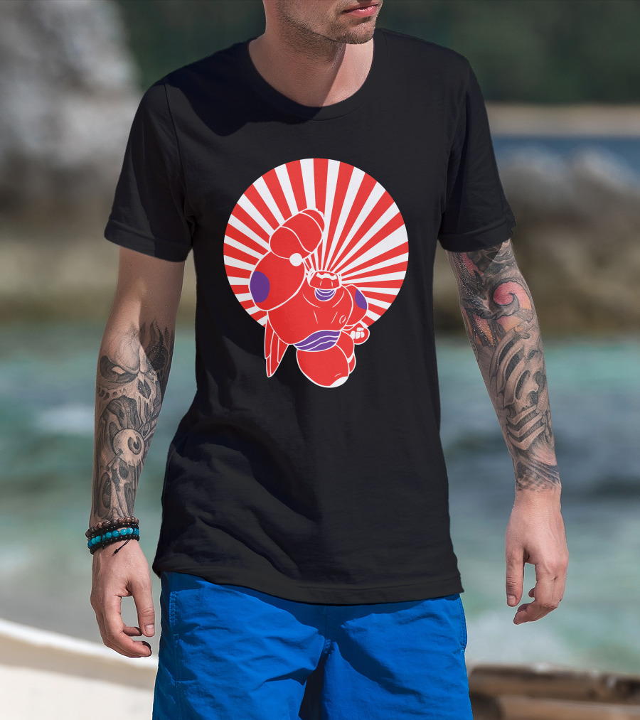 Man with tattoos models Japan Robot Hero Rising Sun Red Robot T-Shirt at beach.