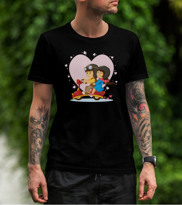Lovely Couple Riding A Vespa Surrounded By Hearts T-Shirt