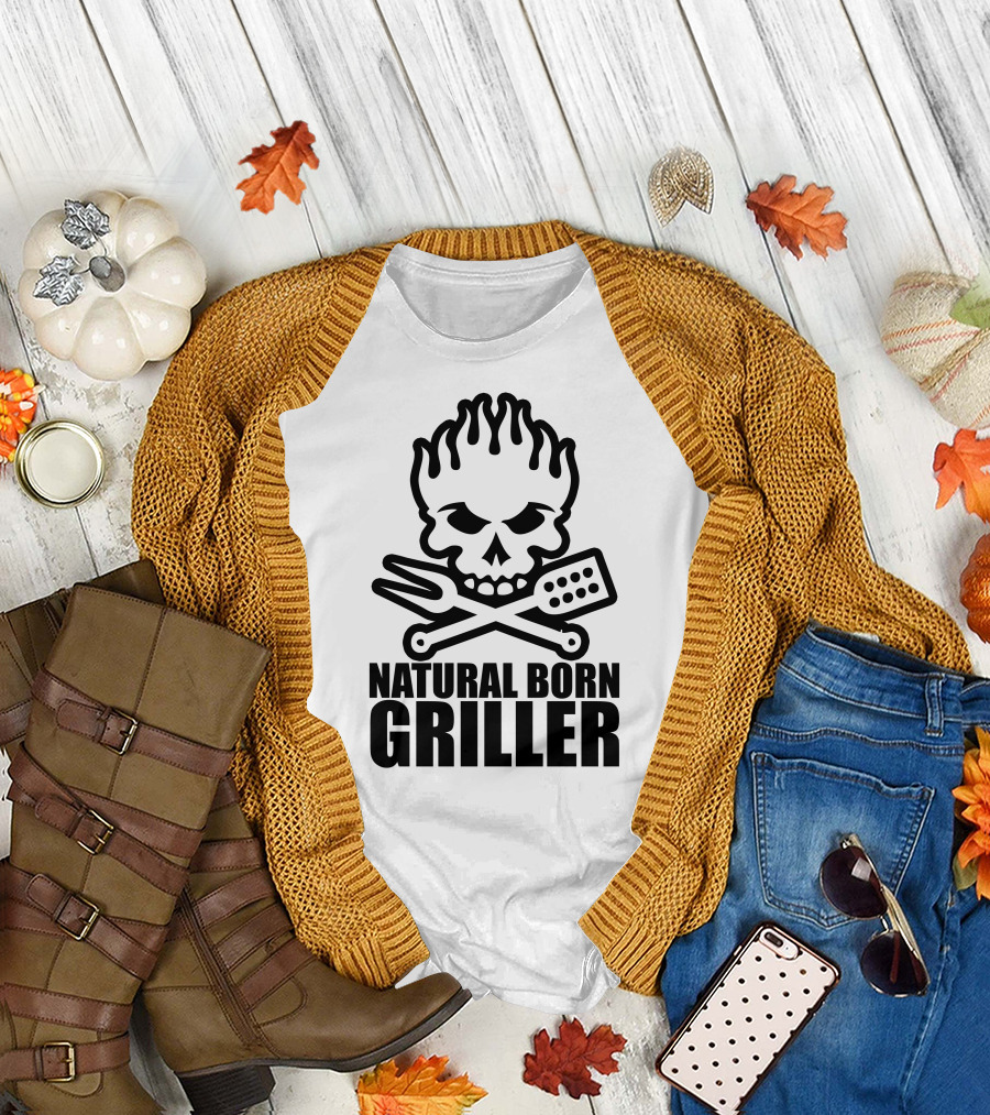 Natural Born Griller Skull Flames Fork Spatula Crossbones T-Shirt